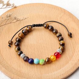 Tiger Eye Stone Beaded Bracelet Adjustable Strands Braided Rope 8mm Men Women Yoga 7 Chakra Healing Balance Bracelets