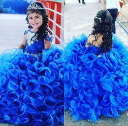Cute Girls Pageant Dresses Princess Blue Beaded Ball Gown Flower Girl Dresses Kids Wedding First Communion Dress With Ruffles C21