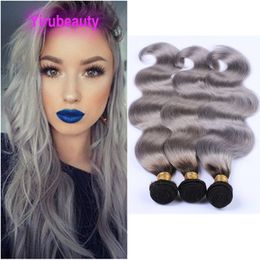 #1B Grey Ombre Body Wave 4 Bundles Brazilian Virgin Hair Weaves Double Wefts 95-100g/piece 1b/grey Two Tones Color