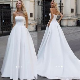 Elegant Cheap Simple Modest Satin A Line Dresses Strapless Pearls Beads Sweep Train Garden Wedding Dress Bridal Gowns Vestidos