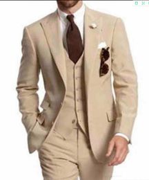 wedding tuxedos UK - Excellent Beige 3 Piece Suit Men Wedding Tuxedos Peak Lapel Groom Business Dinner Prom Blazer(Jacket+Pants+Tie+Vest) 36