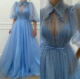 2020 Haze Blue Elegant Prom Dresses Lace Illusion Evening Dress A Line High Collar Custom Made Special Occasion Gowns