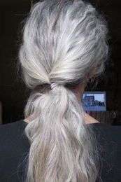 Grey wavy human hair ponytail salt and pepper natural gray ponytail extension wraps drawstring clip in real hair natural highlights