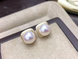 Woman fashion Jewellery natural 9-10mm white oblate freshwater pearl square golden matte stud earrings luxury