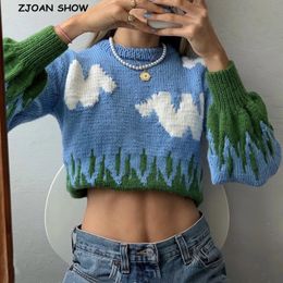 2020 Retro 90s Blue Sky White Cloud Sweater Vintage Woman O Neck Long Puff Sleeve Jumper Pullovers Contrast Color Loose Knitwear