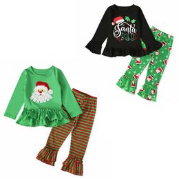 Christmas Baby Girl Outfits Toddler Girls Santa Shirts Striped Pants 2PCS Sets Flare Sleeve Princess Clothes Set Xmas Baby Clothing DW4711