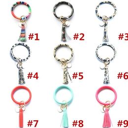 Women Tassel Bracelets PU Leather Wrap Key Ring Leopard Lily Print Keychain Keyring Wristband Sunflower Circle Bangle Chain