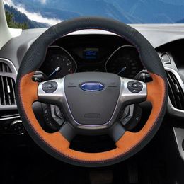 Custom Made DIY Anti Slip For Ford Focus Sport Orange suede/hole leather Hand Sewing steering wheel cover