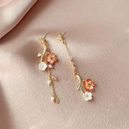 Peach Blossom Earrings S925 Silver Needle Asymmetrical Tassels Ancient Style Girl Heart Sakura Branch Flower Earrings