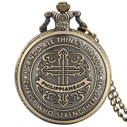 Bronze Watches Bible Philippians 413 Jesus Christ Christian Quartz Pocket Watch Necklace Chain Gifts for Men Women2824