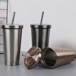 500ml Stainless Steel Coffee Cup with Straw and Lid Vacuum Insulated Car Travel Mug Thermos Flask Water Bottle