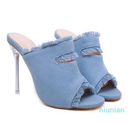 Hot sale-Plus size 35 to 40 41 42 sexy blue denim cloth crystal high heel luxury designer heels