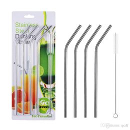 Stainless Steel Straws And Brush Set 215*6mm 267*6mm Straight And Curved Coffee Milk Straw For Hotel Bar Kitchen Mixing Straws