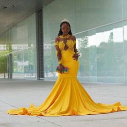Gold High Neck Nigerian African Satin Mermaid Evening Dress Long Sleeve Appliques Lace Illusion Formal Evening Party Dresses