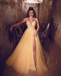 Sexy Gold Prom Dresses 2020 A-Line sexy side Slit V-Neck Sleeveless Tulle Appliques robe de soiree Prom Gown Long Formal Evening Party