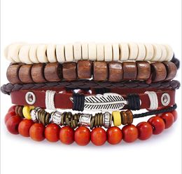 2020 Hot sale Men's genuine leather bracelet DIY PU Alloy leaf Wood Bead Bracelet Combination suit Bracelet 4styles/1set