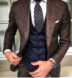 Winter Fashion Brown Donegal Tweed Groom Tuxedos Notch Lapel One Button Men Wedding Tuxedos Men Dinner Party Suit(Jacket+Pants+Tie+Vest)161