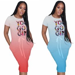 Womens Gradient Panelled Dresses Designer Female Short Sleeve Letter Pattern Long Skirts Fashion Trend Sexy Round Neck Loose Casual Dress