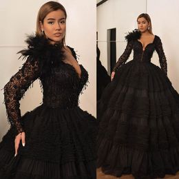 Black Wedding Dresses Bridal Ball Gowns Princess Long Sleeves Beading Ostrich Feather Wedding Gowns Lace Appliques Petites Plus Size