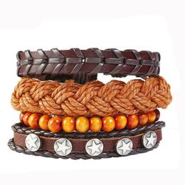 100% genuine leather bracelet DIY Retro Five stars wax rope Beading Men's Combination suit Bracelet size can be adjusted 4styles/1set