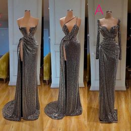 New Arrival Charming Sexy Silver Mermaid Prom Dresses Sequined Long Sleeve High Split Side Formal Evening Gowns robe de soiree Abendkleider