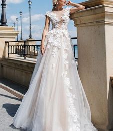 Gorgeous Wedding Dresses Appliques Lace Cap Sleeve Bridal Dresses Illusion Bodice Tulle A Line Garden Long Plus Size Robes De Mariee