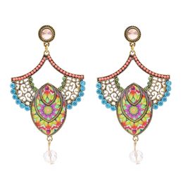 Vintage Retro with Fan Flower Pendant Tassel Dangle Earrings Rhinestone Statement Earring for Women Party Jewelry