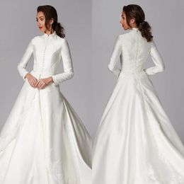 Modest Muslim A Line Wedding Dresses Long Sleeves Satin Appliques Country Bridal Gowns Sweep Train Bohemian Wedding Dress