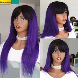 Purple Glueless Ombre Wig Silky Straight Peruvian Remy Natural Human Hair Wig With Bangs For Black Women 1B Purple Coloured Non Lace Wig