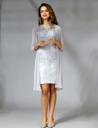 Silver Lace Chiffon Mother Of The Bride Dresses Plus Size Tea Length Two Pieces With Jacket For Wedding Evening Dress