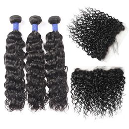 Ishow Water Wave Virgin Hair Extensions Wefts Human Hair Bundles With Closure 8A Brazilian Hair 3Bundles With Lace Frontal for Women Girls All Ages 8-28inch