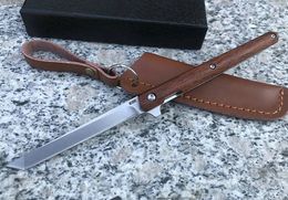 Top Quality Ball Bearing Pocket Flipper Folding Knife D2 Satin Tanto Point Blade Rosewood Handle EDC Knives With Leather Sheath