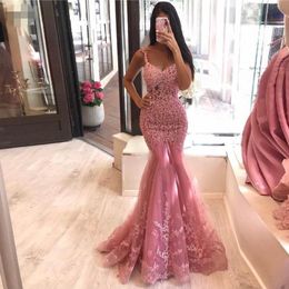 Elegant Coral Red Lace Mermaid Evening Dresses spaghetti straps Beaded Appliques Long Prom Gowns Custom Made Party Dresses Abendkleider 2020