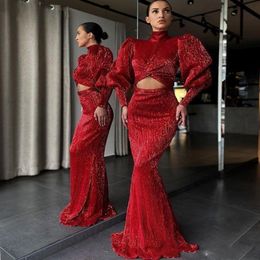 Red Sequined Prom Dresses With High Neck Two Pieces vestidos de novia Full Sleeves Mermaid Evening Dress Cheap Girls Cocktail Party Gowns