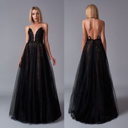 Elegant Beaded Lace Backless Evening Dresses Sheer Deep V Neck Appliqued Prom Gowns Floor Length Tulle Formal Dress