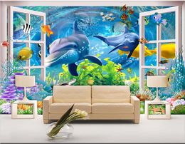 Custom photo wallpapers for walls 3d murals wallpaper Dolphin 3D window underwater world fantasy underwater world mural for living room