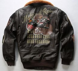Lapel neck flight suit men cowhide leather jackets brown fur collar embroidery hand-painted jackets
