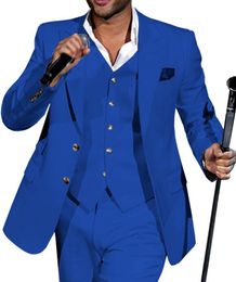 Fashion Royal Blue Groom Tuxedos Peak Lapel Groomsman Wedding 3 Piece Suit Popular Men Business Prom Jacket Blazer(Jacket+Pants+Tie+Vest) 63