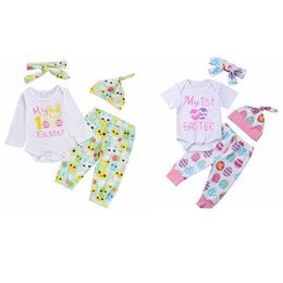 Easter Baby Outfits Newborn Rabbit Letter Romper Pants Hat Headband 4pcs Sets Bunny Infant Girl Clothing Sets Cute Baby Clothing DW5003