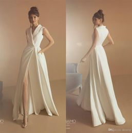 Boho A Line Wedding Dresses High Front Split Satin V Neck Beach Wedding Dress Boho Sweep Train Bridal Gowns Custom Vestidos De Novia