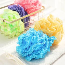 High Quality Lace Mesh Pouffe Sponge Bathing Spa Handle Body Shower Scrubber Ball Colourful Bath Brushes Sponges