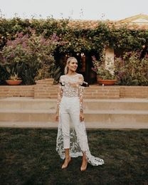 Bohemian Lace Wedding Dress with Jumpsuit 2020 Modest Long Sleeve Backless Jewel Countryside Beach Bride Pant Suit with Train287G