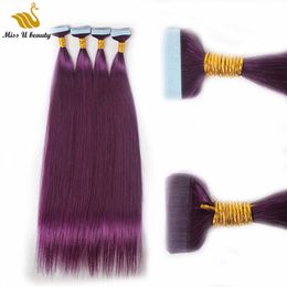 Purple Colour PU Weft Hair Extensions Remy Hair Pieces 40pcs a pack 100gram Tape in Human Hair Bundles