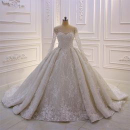 2020 Gorgeous Lace Ball Gown Wedding Dresses Jewel Neck Beaded Appliqued Long Sleeve Bridal Gowns Vintage Plus Size Robes De Soiree 322