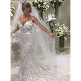 Sparkle White Sequin Strapless Sexy Mermaid Wedding Dresses 2020 Luxury Plus Size illusion Wedding Dress Bridal Gowns Vestidos De 2371