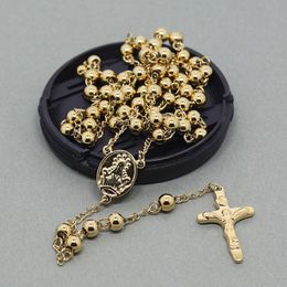 -6mm Perlas de Rosario católico de la cadena collar de la cruz del acero inoxidable del collar de la joyería de los hombres o mujeres collar de cadena larga para el regalo de Navidad