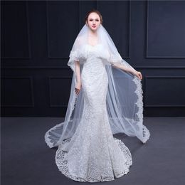 Fashion Wedding Veils Cathedral Garden Wedding Veil with Comb Elegant Wedding Veils White Ivory Bridal Veil with blusher 2 Layers Lace Edge