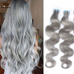 Skin Weft Tape in Human Hair Extensions PUHair Grey Colour Body Wave Wavy Remy 100g 40pcs 12-26inch