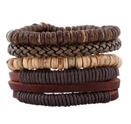 2020 Hot sale Cowhide Bracelet Braided coconut husk multi layer Bracelet wooden beads Men's Leather Bracelet size Adjustable 4styles/1set