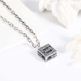 S925 Silver Letter Necklace Vintage Sterling Silver Engraved Hollow Square Pendant Necklace Hip Hop Ins Fashion Necklace for Men and Women